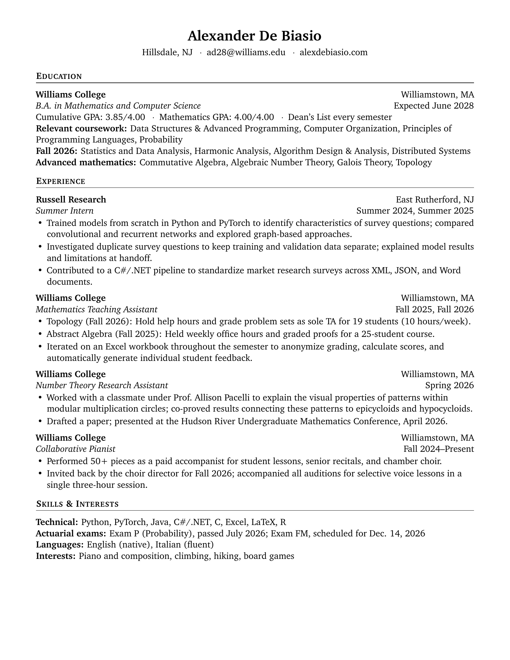 Alex De Biasio's one-page résumé: education at Williams College, experience at Russell Research and Williams College, and skills.